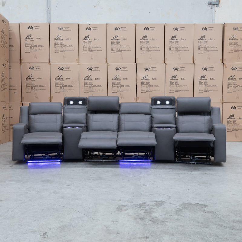 The Rhodes Four Seat Dual Motor Electric Recliner Theatre - Charcoal available to purchase from Warehouse Furniture Clearance at our next sale event.