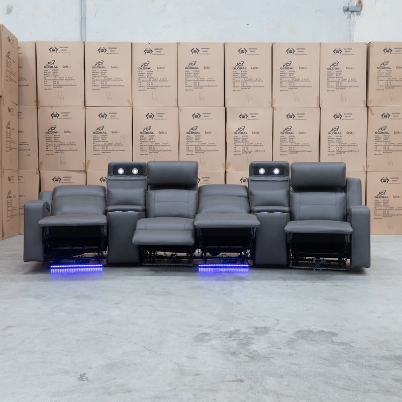 The Rhodes Four Seat Dual Motor Electric Recliner Theatre - Charcoal available to purchase from Warehouse Furniture Clearance at our next sale event.