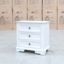 The Sala 3 Drawer Hardwood Bedside available to purchase from Warehouse Furniture Clearance at our next sale event.