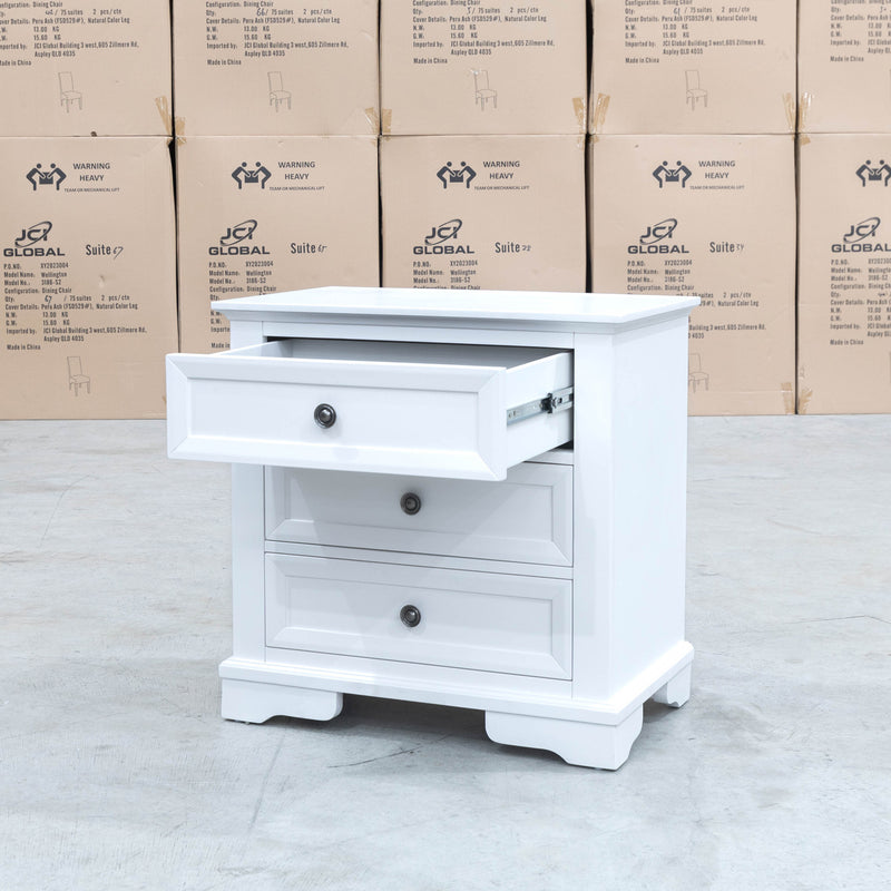 The Sala 3 Drawer Hardwood Bedside available to purchase from Warehouse Furniture Clearance at our next sale event.