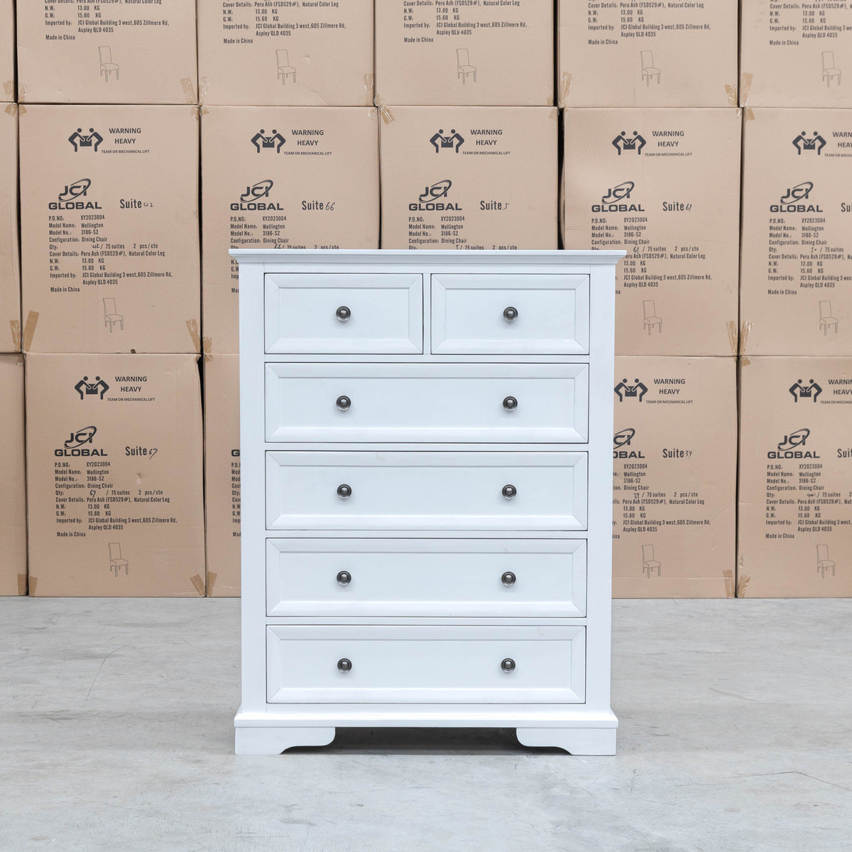 The Sala 6 Drawer Hardwood Tallboy - PRE ORDER Available After 13th November available to purchase from Warehouse Furniture Clearance at our next sale event.
