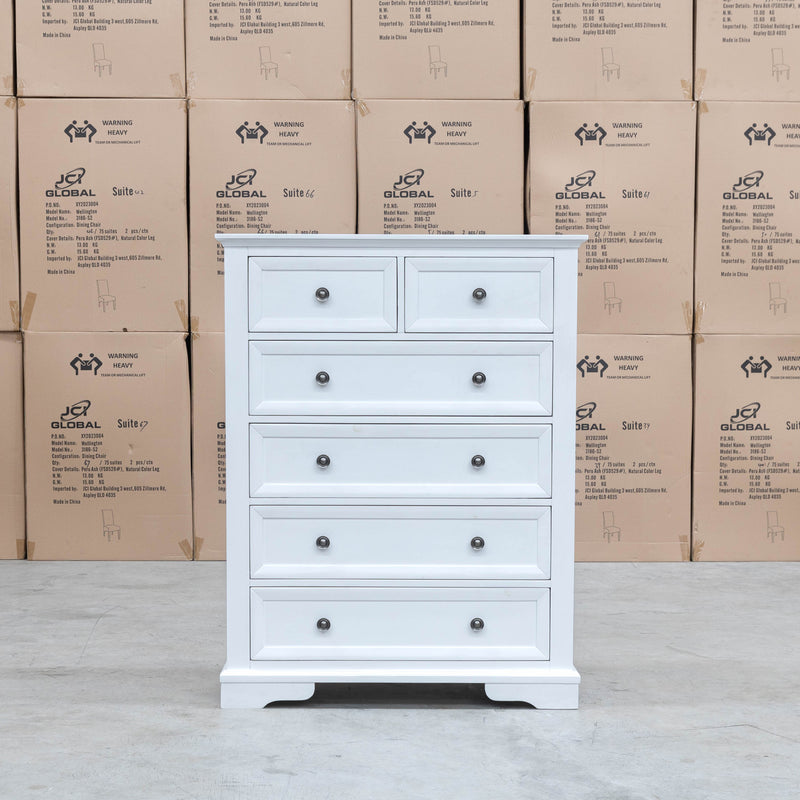 The Sala 6 Drawer Hardwood Tallboy available to purchase from Warehouse Furniture Clearance at our next sale event.