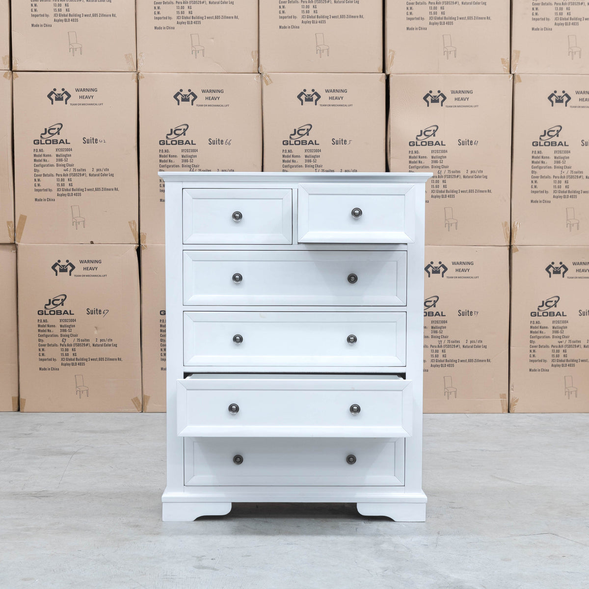 The Sala 6 Drawer Hardwood Tallboy - PRE ORDER Available After 13th November available to purchase from Warehouse Furniture Clearance at our next sale event.