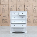 The Sala 6 Drawer Hardwood Tallboy available to purchase from Warehouse Furniture Clearance at our next sale event.