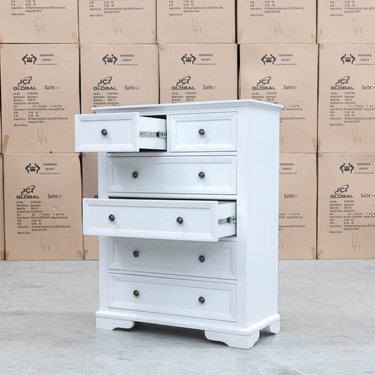 The Sala 6 Drawer Hardwood Tallboy - PRE ORDER Available After 13th November available to purchase from Warehouse Furniture Clearance at our next sale event.