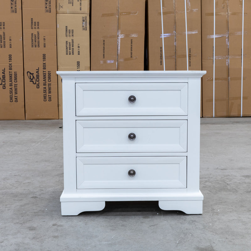 The Sala 3 Drawer Hardwood Bedside available to purchase from Warehouse Furniture Clearance at our next sale event.