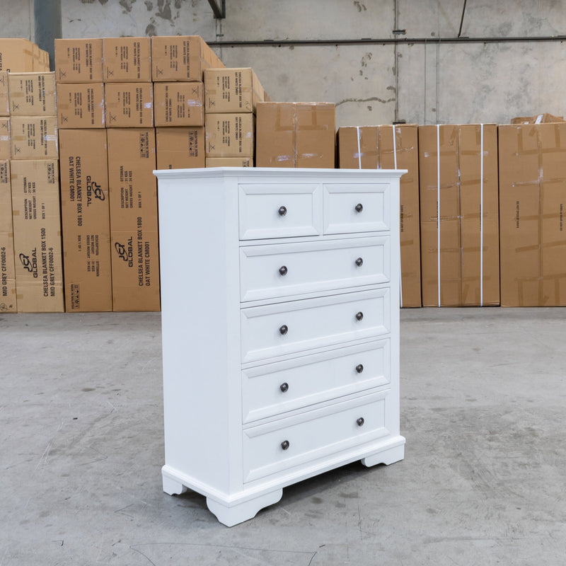 The Sala 6 Drawer Hardwood Tallboy available to purchase from Warehouse Furniture Clearance at our next sale event.