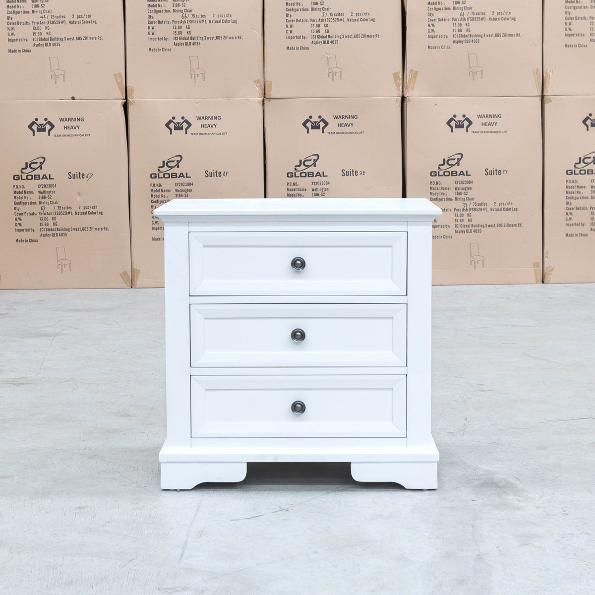 The Sala 3 Drawer Hardwood Bedside - PRE ORDER Available After 13th November available to purchase from Warehouse Furniture Clearance at our next sale event.