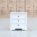 The Sala 3 Drawer Hardwood Bedside available to purchase from Warehouse Furniture Clearance at our next sale event.