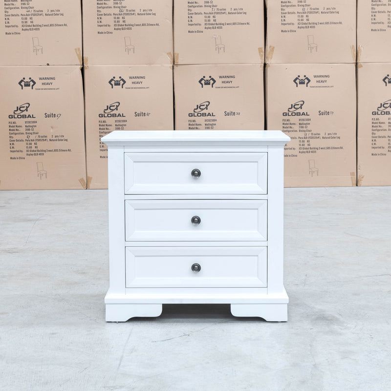 The Sala 3 Drawer Hardwood Bedside available to purchase from Warehouse Furniture Clearance at our next sale event.