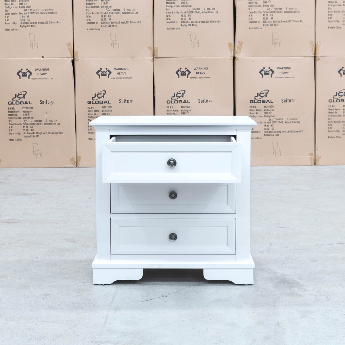 The Sala 3 Drawer Hardwood Bedside - PRE ORDER Available After 13th November available to purchase from Warehouse Furniture Clearance at our next sale event.