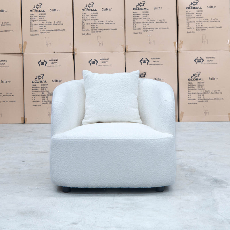 The Santorini Curved Arm Chair - Boucle Ivory - Available After 12th November available to purchase from Warehouse Furniture Clearance at our next sale event.