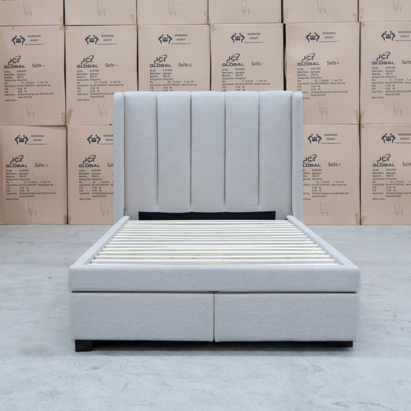 The Hudson King Single Fabric Storage Bed - Oat White available to purchase from Warehouse Furniture Clearance at our next sale event.