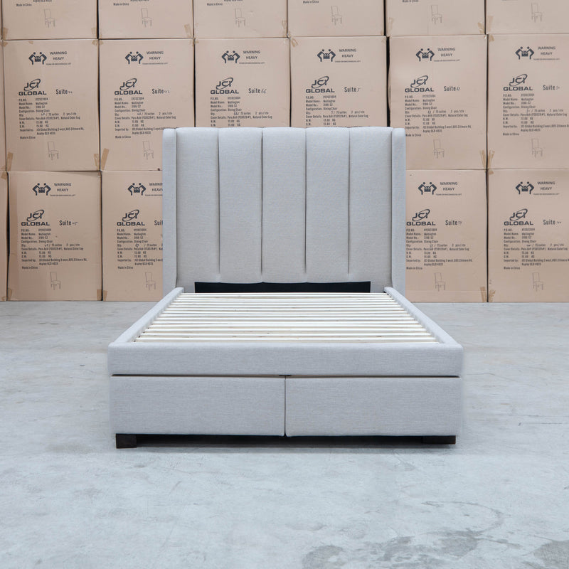 The Hudson King Single Fabric Storage Bed - Oat White available to purchase from Warehouse Furniture Clearance at our next sale event.