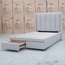 The Hudson King Single Fabric Storage Bed - Oat White available to purchase from Warehouse Furniture Clearance at our next sale event.