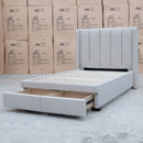 The Hudson King Single Fabric Storage Bed - Oat White available to purchase from Warehouse Furniture Clearance at our next sale event.