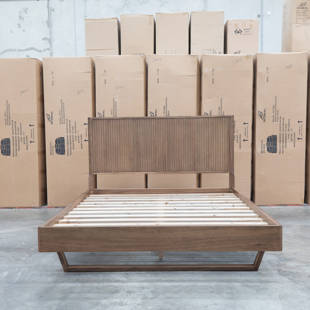 The Santos Messmate Timber Queen Floating Bedframe - Aussie Smoke available to purchase from Warehouse Furniture Clearance at our next sale event.