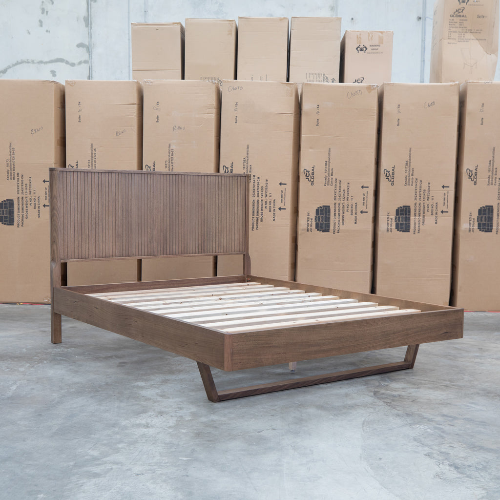 The Santos Messmate Timber Queen Floating Bedframe - Aussie Smoke available to purchase from Warehouse Furniture Clearance at our next sale event.