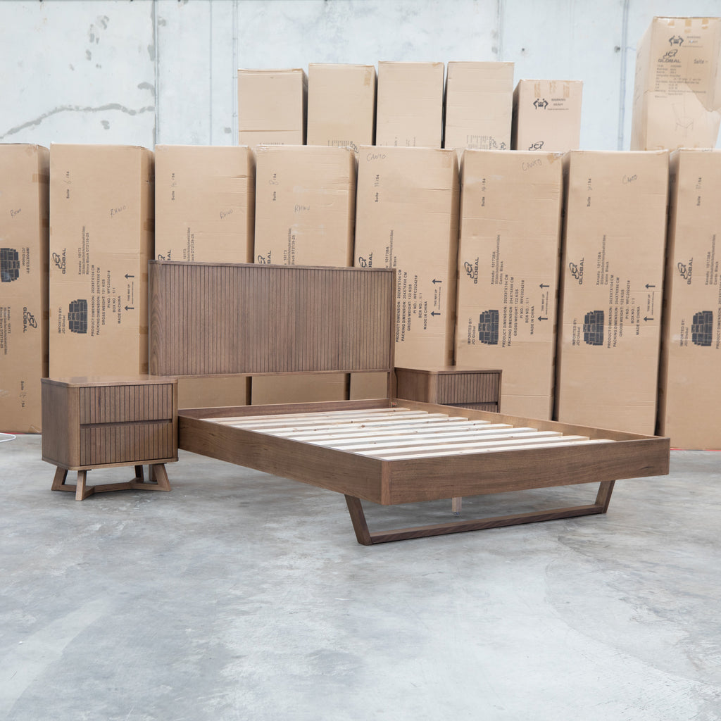The Santos Messmate Timber Queen Floating Bedframe - Aussie Smoke available to purchase from Warehouse Furniture Clearance at our next sale event.
