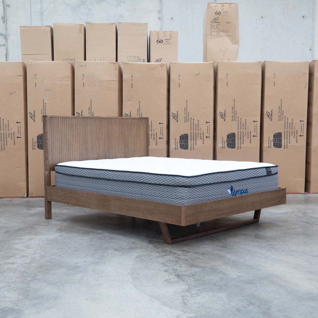 The Santos Messmate Timber Queen Floating Bedframe - Aussie Smoke available to purchase from Warehouse Furniture Clearance at our next sale event.