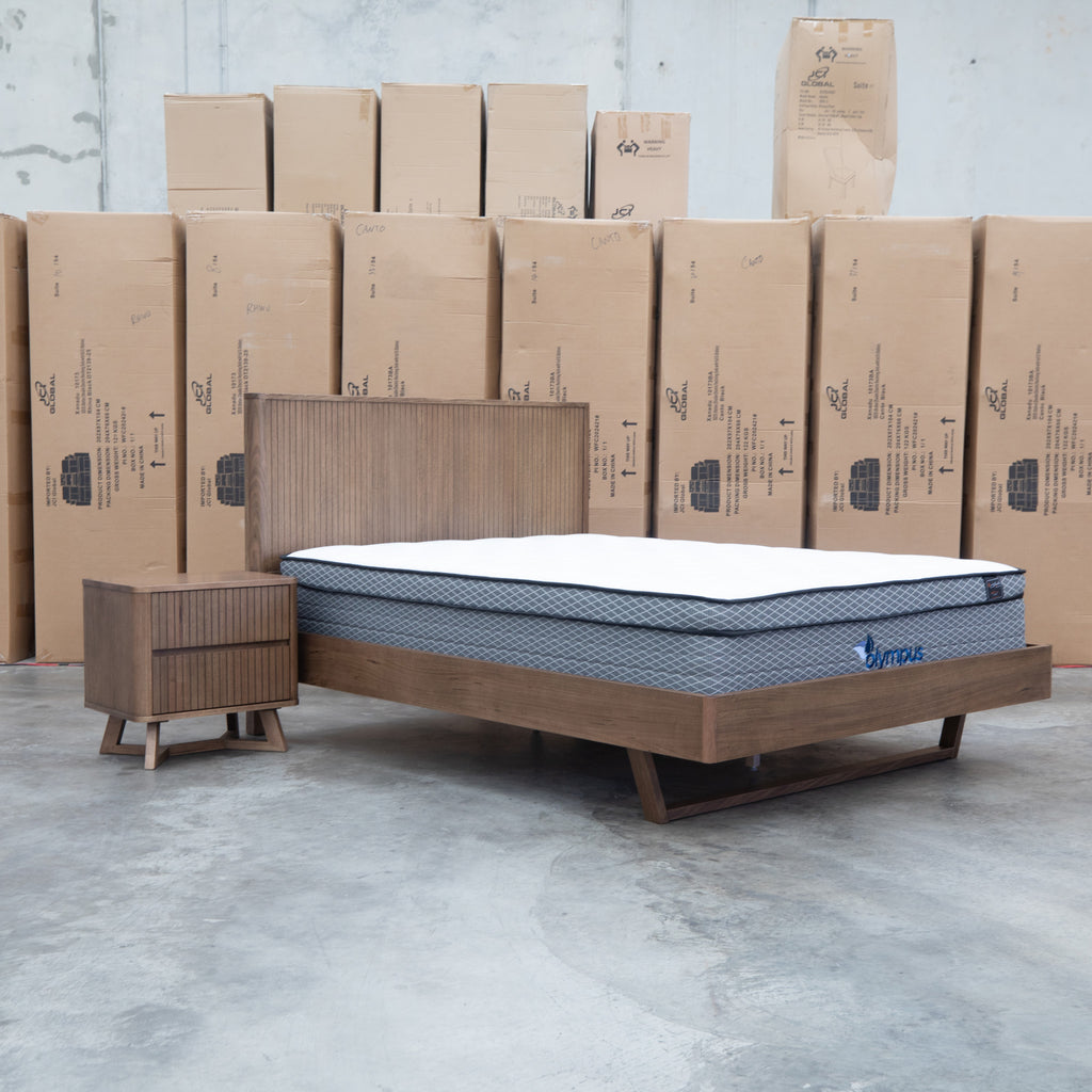 The Santos Messmate Timber Queen Floating Bedframe - Aussie Smoke available to purchase from Warehouse Furniture Clearance at our next sale event.