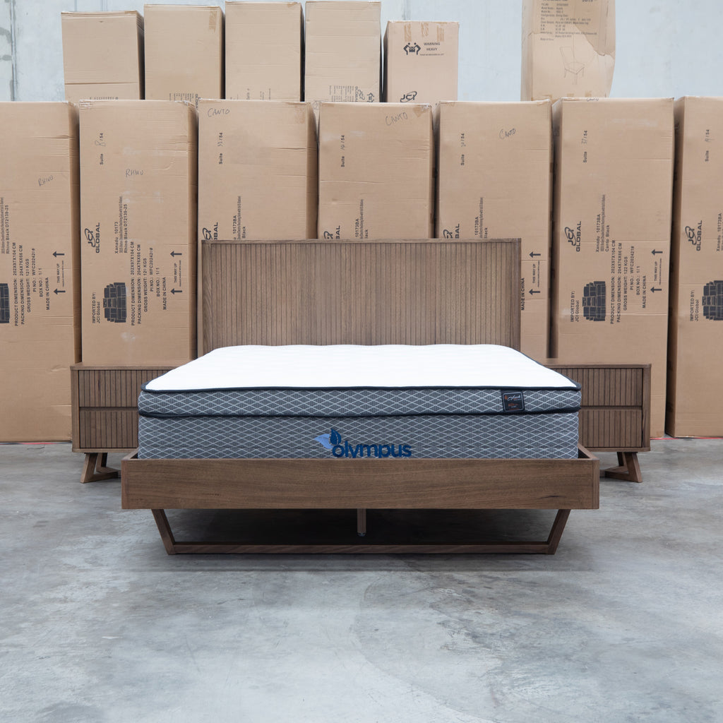 The Santos Messmate Timber Queen Floating Bedframe - Aussie Smoke available to purchase from Warehouse Furniture Clearance at our next sale event.