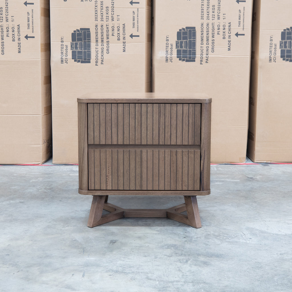 The Santos Messmate Two Drawer Bedside - Aussie Smoke available to purchase from Warehouse Furniture Clearance at our next sale event.