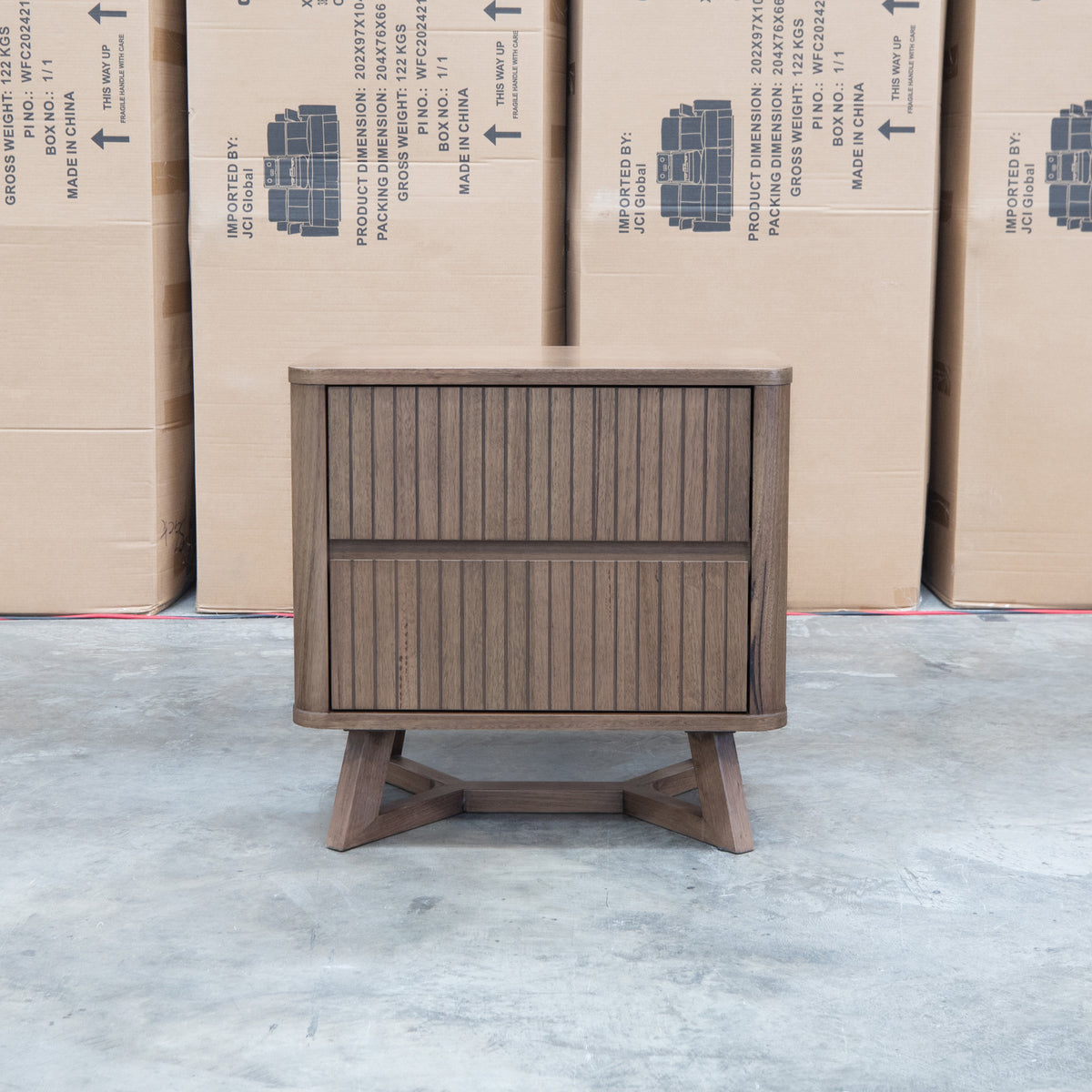 The Santos Messmate Two Drawer Bedside - Aussie Smoke available to purchase from Warehouse Furniture Clearance at our next sale event.