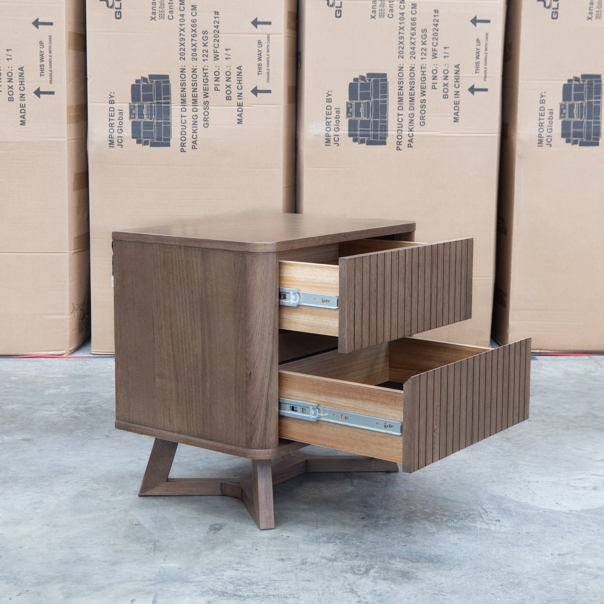 The Santos Messmate Two Drawer Bedside - Aussie Smoke available to purchase from Warehouse Furniture Clearance at our next sale event.