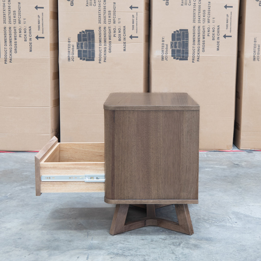 The Santos Messmate Two Drawer Bedside - Aussie Smoke available to purchase from Warehouse Furniture Clearance at our next sale event.