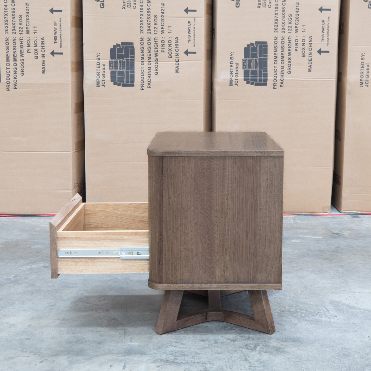 The Santos Messmate Two Drawer Bedside - Aussie Smoke available to purchase from Warehouse Furniture Clearance at our next sale event.