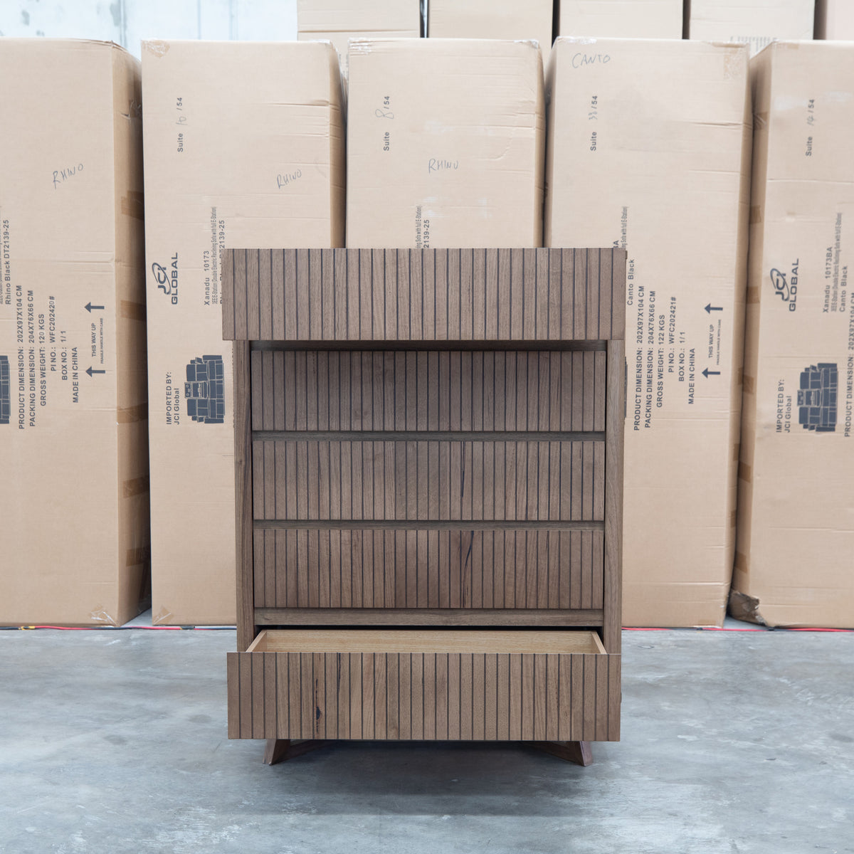 The Santos Messmate Five Drawer Tallboy - Aussie Smoke - Available After 28th August available to purchase from Warehouse Furniture Clearance at our next sale event.