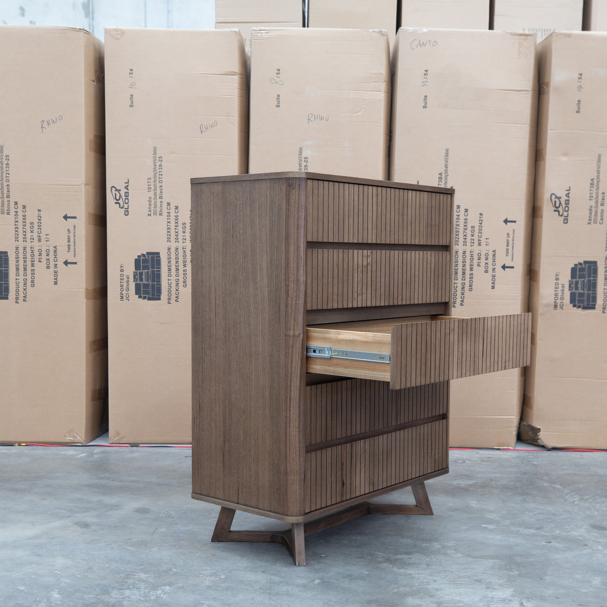 The Santos Messmate Five Drawer Tallboy - Aussie Smoke - Available After 28th August available to purchase from Warehouse Furniture Clearance at our next sale event.
