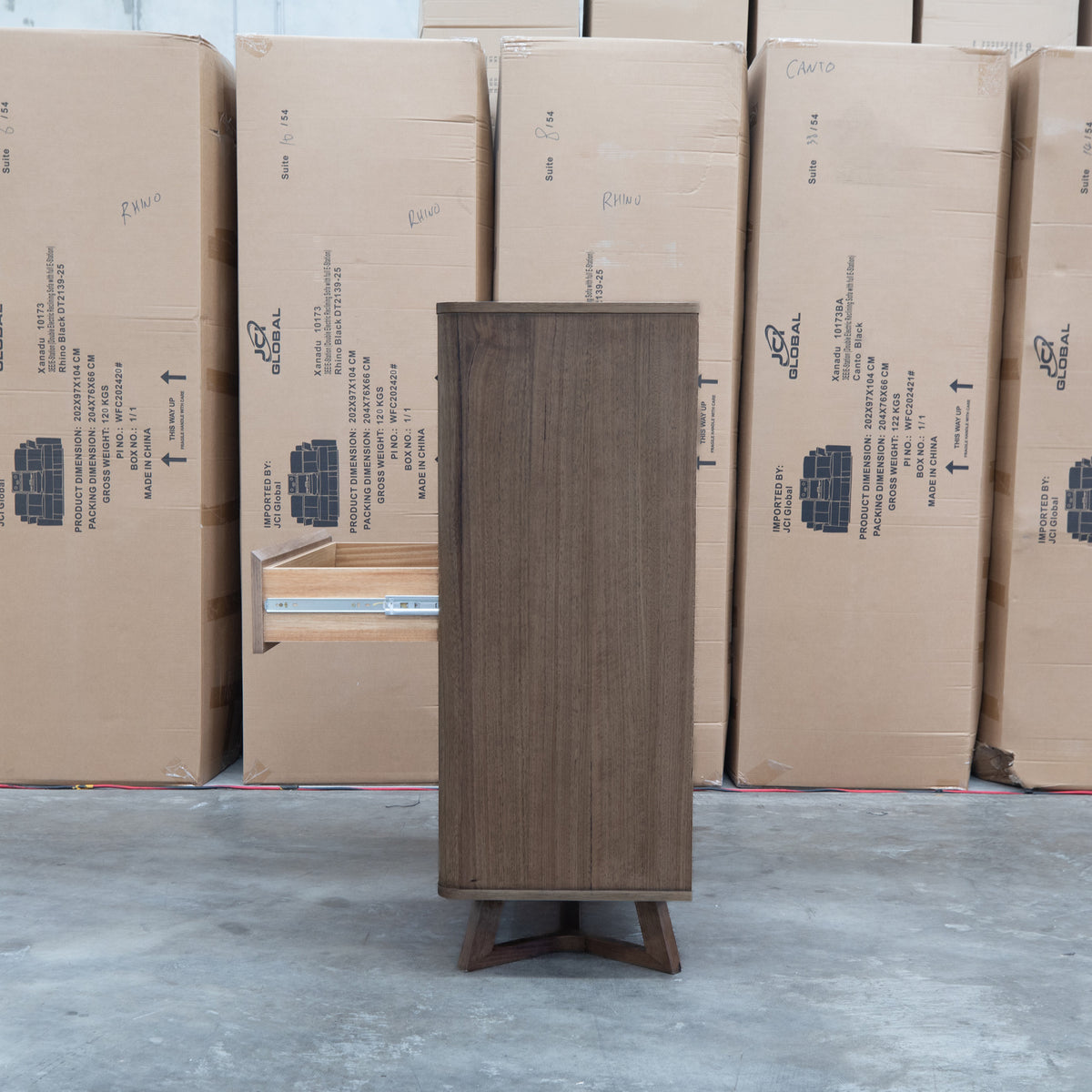 The Santos Messmate Five Drawer Tallboy - Aussie Smoke - Available After 28th August available to purchase from Warehouse Furniture Clearance at our next sale event.