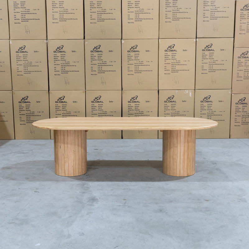 The Semillon 270cm New Zealand Ash Oval Dining Table available to purchase from Warehouse Furniture Clearance at our next sale event.