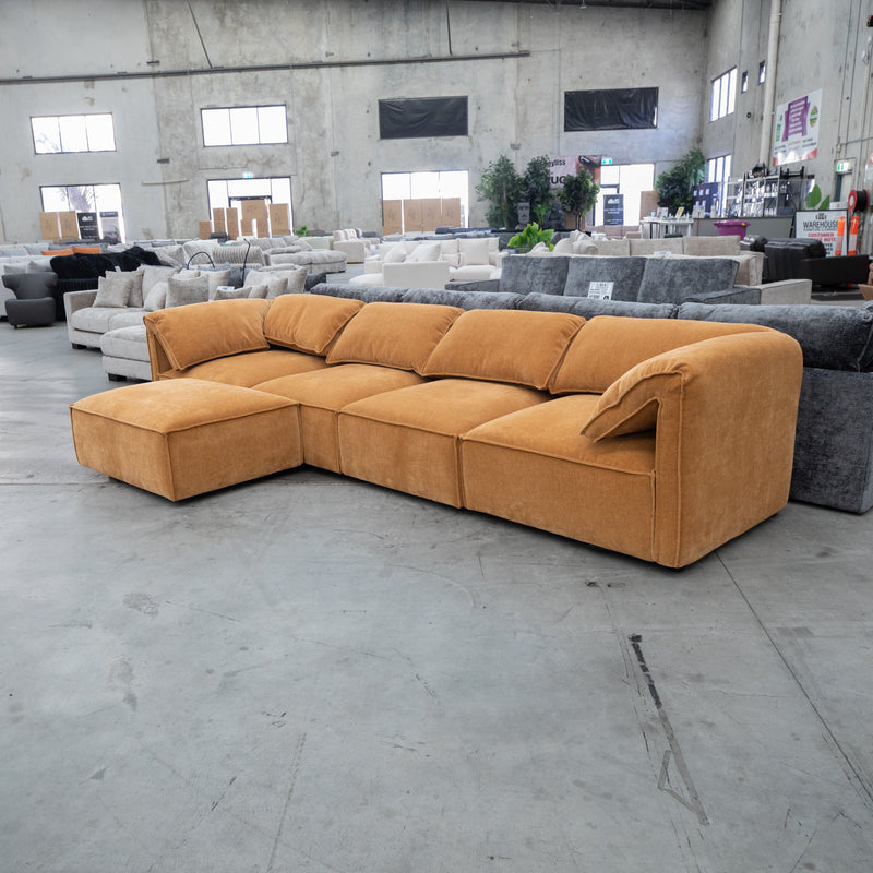 The Sienna Feather & Foam Modular Corner Lounge with Ottoman - Ochre