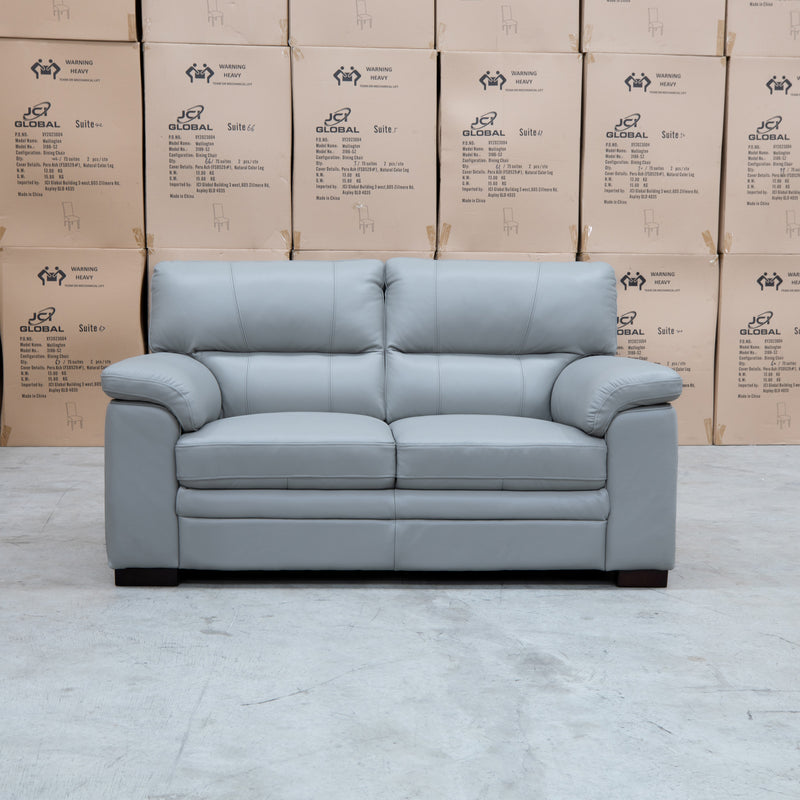 The Denton Leather Two Seater Sofa - Light Grey available to purchase from Warehouse Furniture Clearance at our next sale event.