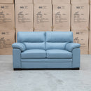 The Denton Leather Two Seater Sofa - Sky available to purchase from Warehouse Furniture Clearance at our next sale event.