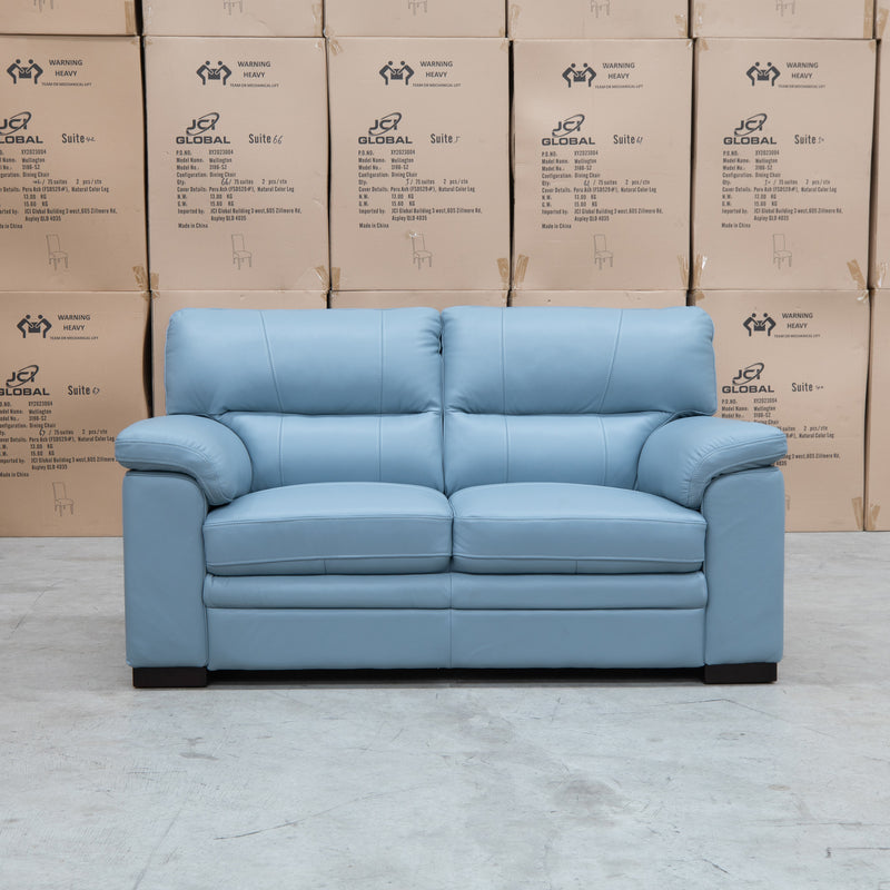 The Denton Leather Two Seater Sofa - Sky available to purchase from Warehouse Furniture Clearance at our next sale event.