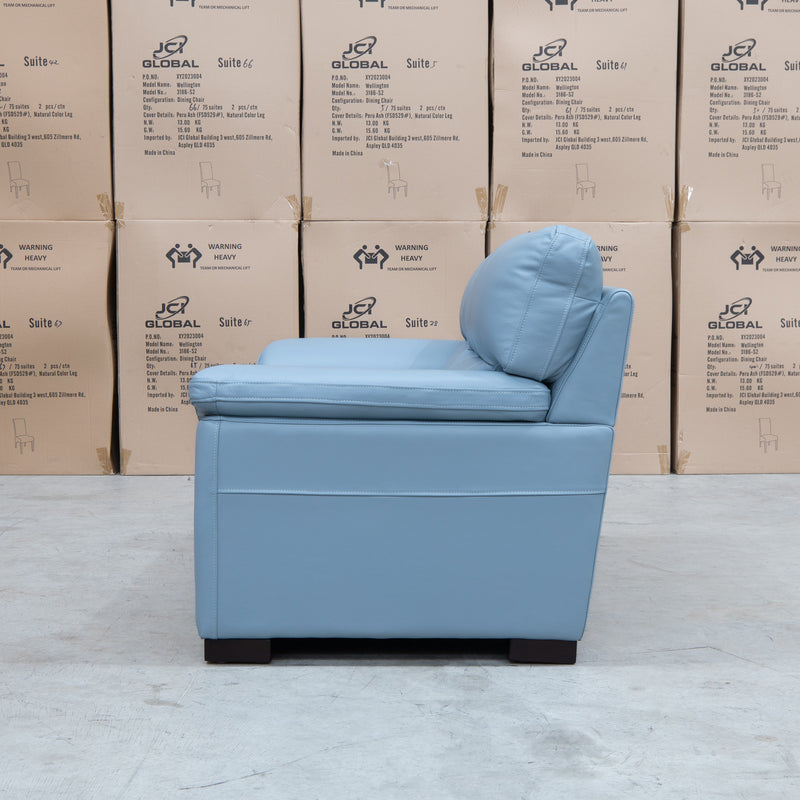 The Denton Leather Two Seater Sofa - Sky available to purchase from Warehouse Furniture Clearance at our next sale event.