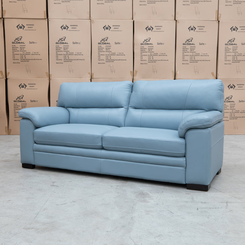 The Denton Three Leather Seater Sofa - Sky available to purchase from Warehouse Furniture Clearance at our next sale event.