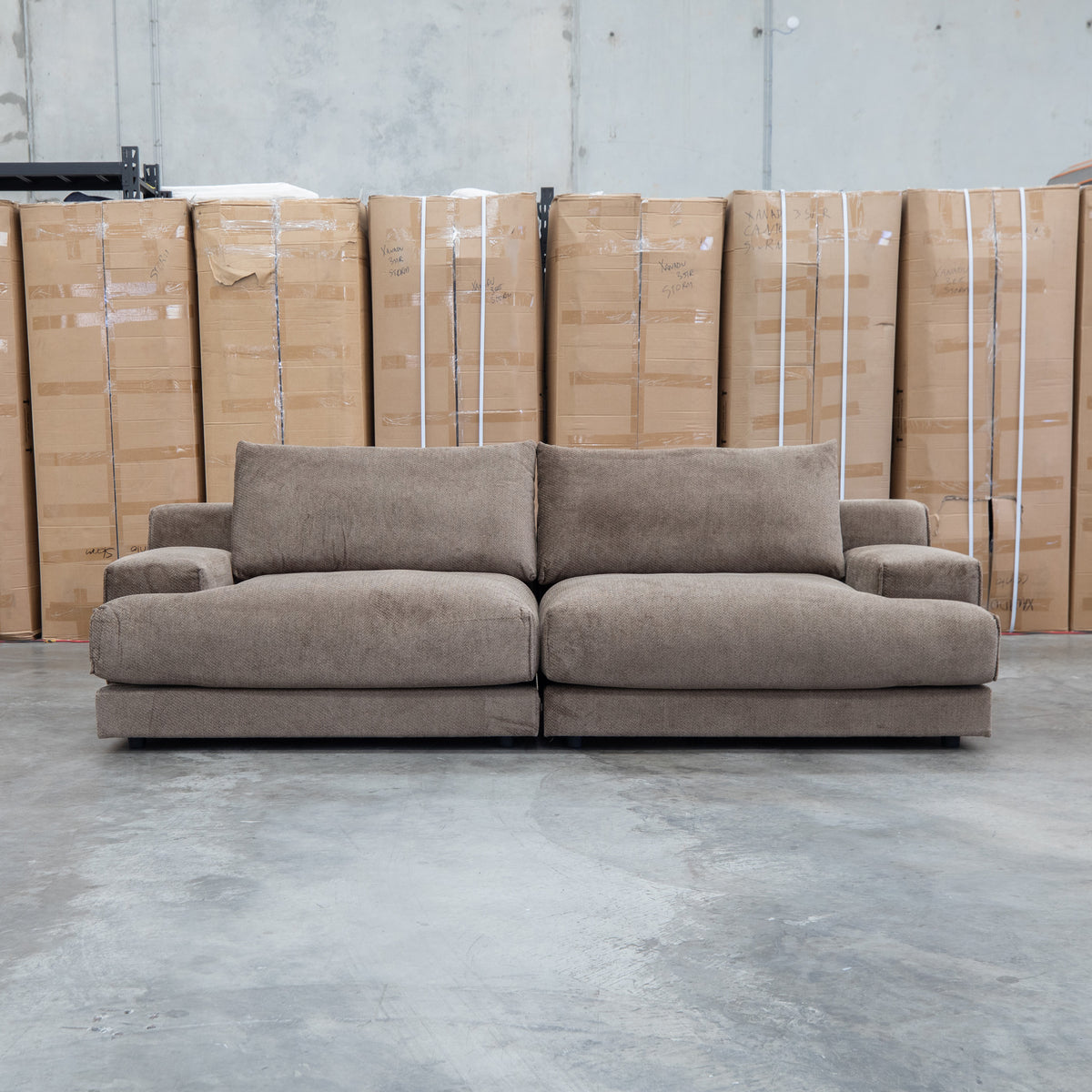 The Solstice Feather & Foam Oversized Three Seat Sofa - Chocolate available to purchase from Warehouse Furniture Clearance at our next sale event.