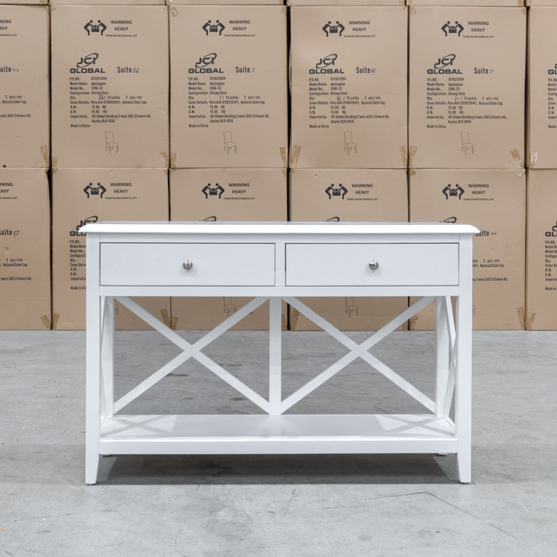 The Southampton 2 Drawer White Hall Table available to purchase from Warehouse Furniture Clearance at our next sale event.