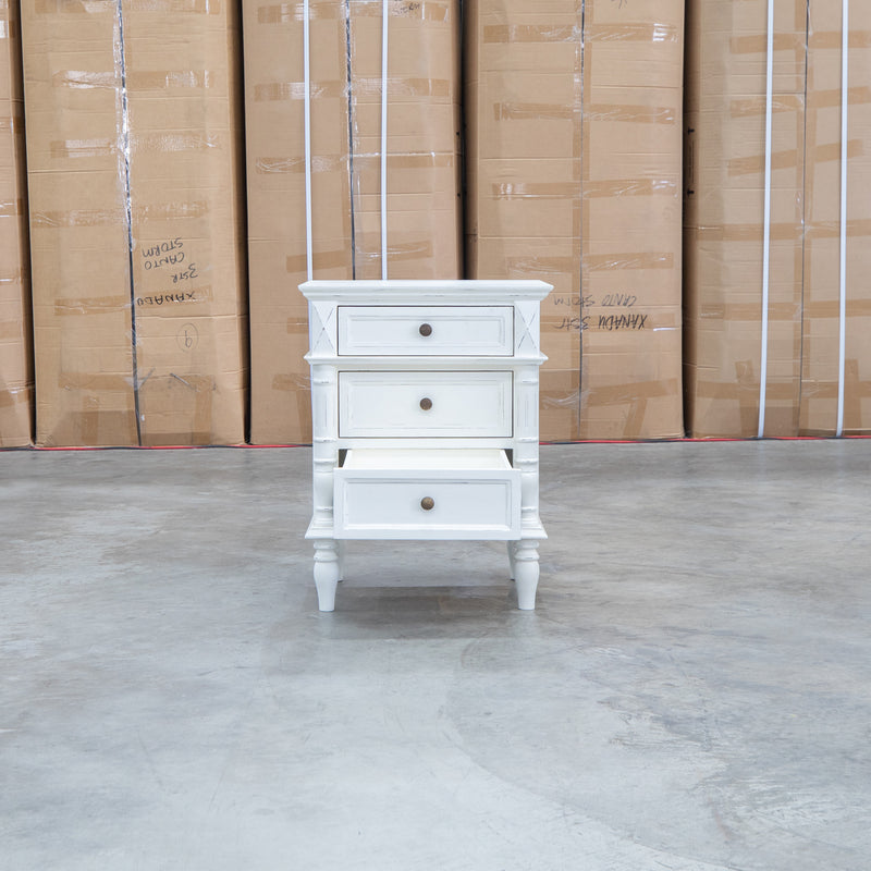 Bruges Three Drawer Antique White Bedside
