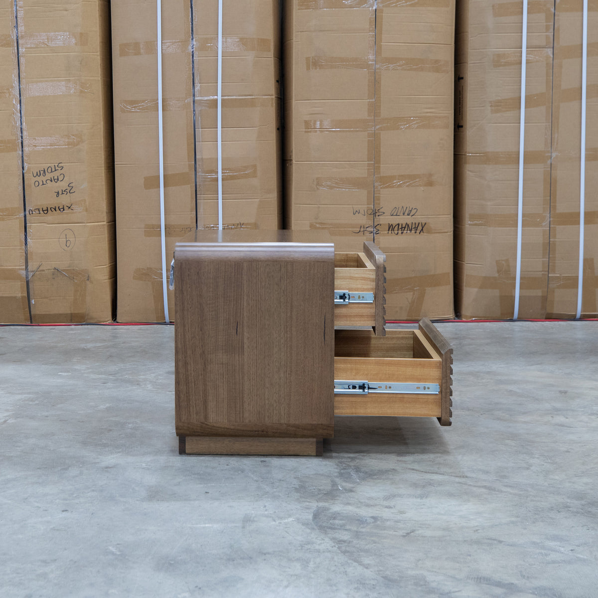 The Southport Two Drawer Australian Messmate Hardwood Bedside - Smoke available to purchase from Warehouse Furniture Clearance at our next sale event.
