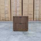 The Bentley Curved Two Drawer Australian Messmate Hardwood Bedside - Smoke available to purchase from Warehouse Furniture Clearance at our next sale event.