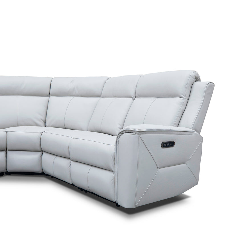 The Stratton Modular Corner Lounge with Dual Electric Recliners - Light Grey Leather available to purchase from Warehouse Furniture Clearance at our next sale event.
