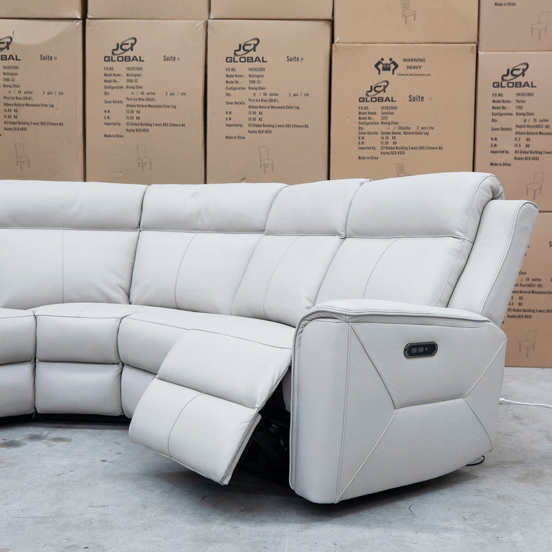 The Stratton Modular Corner Lounge with Dual Electric Recliners - Light Grey Leather available to purchase from Warehouse Furniture Clearance at our next sale event.
