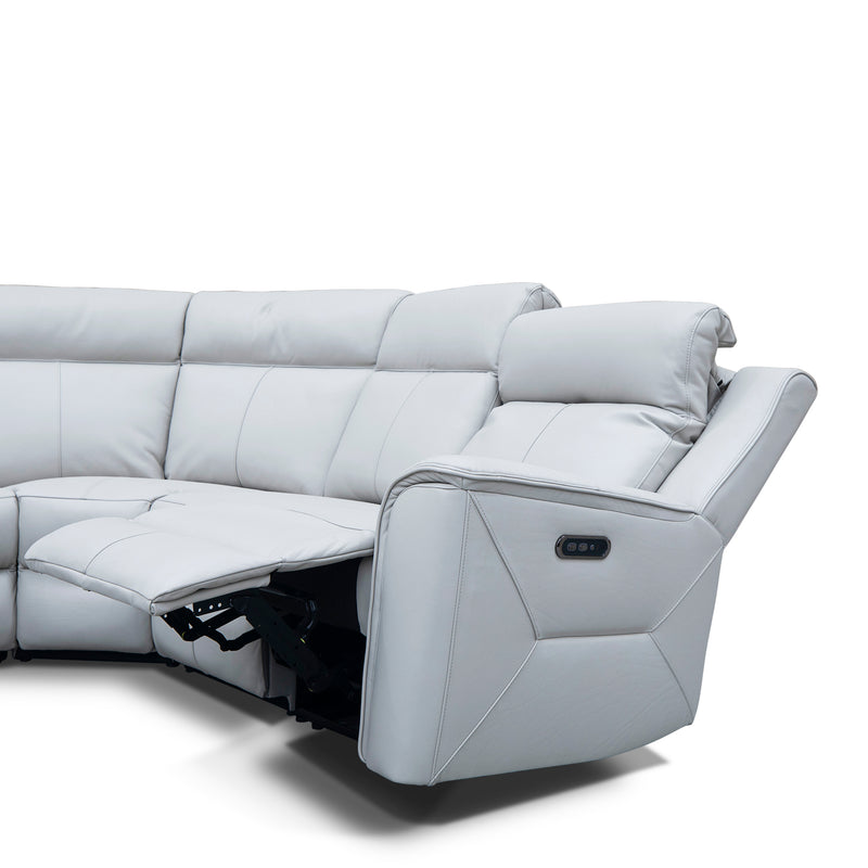 The Stratton Modular Corner Lounge with Dual Electric Recliners - Light Grey Leather available to purchase from Warehouse Furniture Clearance at our next sale event.