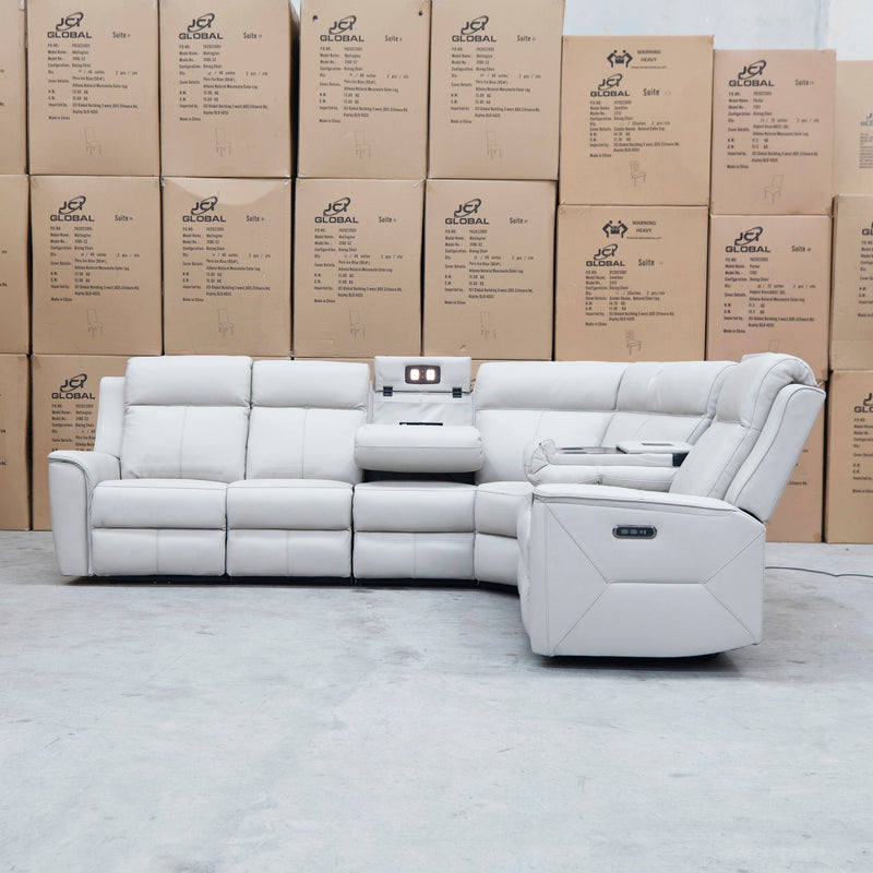 The Stratton Modular Corner Lounge with Dual Electric Recliners - Light Grey Leather available to purchase from Warehouse Furniture Clearance at our next sale event.